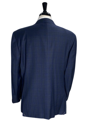 Canali Navy Blue Plaid Notch Lapel Classic Fit 100% Wool 2 Button Suit 48L