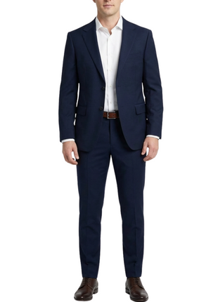 Centrion Mens Solid Navy Blue Fine Textured Weave Slim Fit Notch Lapels 2 Button Wool Suit