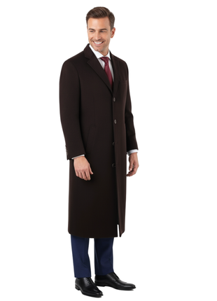 Mens Regular Fit Solid Dark Brown Full Length Wool Cashmere Overcoat Top Coat