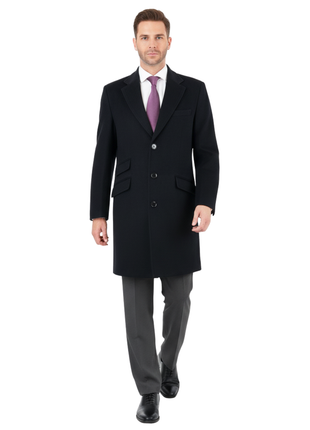 Men's Wool Cashmere Single Breasted Black 3/4 Length Car Coat Top Coat