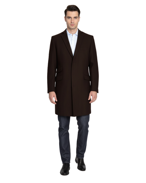 Men's Chocolate Brown Wool Overcoat - Arthur Black Cashmere Blend - Single Breasted - 3/4 Length Car Coat - Excellent Heat Retention