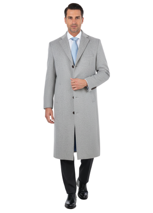 Mens Regular Fit Solid Light Gray Full Length Wool Cashmere Overcoat Top Coat