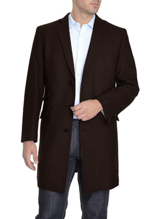 Men's Wool Cashmere Single Breasted Chocolate Brown 3/4 Length Car Coat Top Coat