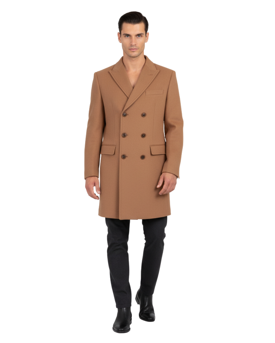 Mens Camel Tan 3/4 Length Double Breasted Wool Cashmere Overcoat