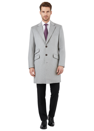 Men's Wool Cashmere Single Breasted Light Gray 3/4 Length Car Coat Top Coat - The Suit Depot