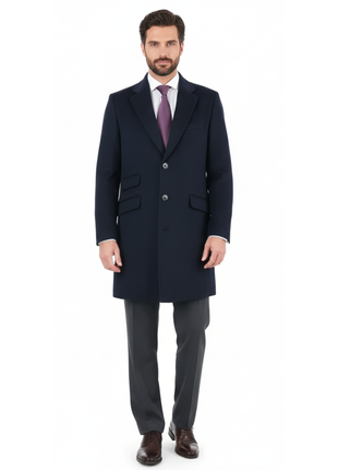 Men's Wool Cashmere Single Breasted Blue 3/4 Length Car Coat Top Coat