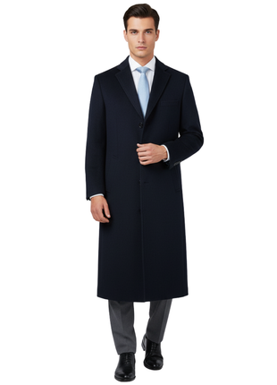 Men's Regular Fit Navy Blue Full Length Wool Cashmere Overcoat Topcoat