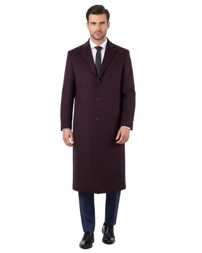 Mens Regular Fit Solid Burgundy Full Length Wool Cashmere Overcoat Top Coat
