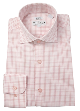Modena Windowpane Pink & White Contemporary Fit Spread Collar Cotton Blend Stretch Dress Shirt