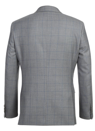 English Laundry Grey & Blue Windowpane Slim Fit Peak Lapel 2 Button Wool Suit