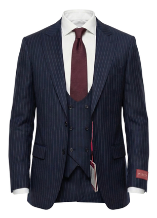 Mazara Mens Navy Rope Striped Classic Fit Peak Lapel 3-Piece Wool Suit