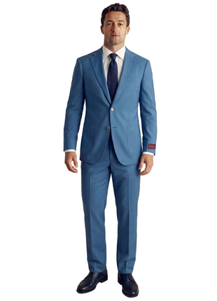 Mazara Mens Steel Blue Slim Fit Notch Lapels Patch Pockets Wool Stretch 2-Button Suit