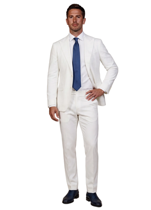 Mazara Mens Solid White Classic Fit Peak Lapels Wool 2-Button Suit