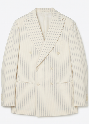 Canuti Cream & Blue Stripe Modern Fit Peak Lapel Stretch Double Breasted Seersucker Suit