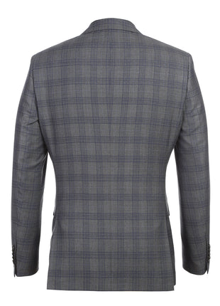 English Laundry Mens Gray & Blue Windowpane Slim Fit Notch Lapel 2 Button Stretch Suit