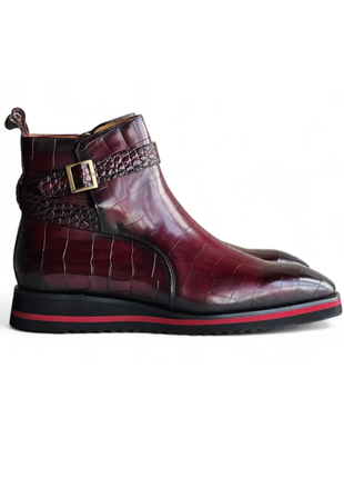 Carrucci Vesper Burgundy Croc Embossed Leather Cross Strap Wedge Boots