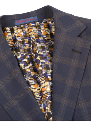 English Laundry Blue & Tan Windowpane Slim Fit Notch Lapel 2 Button Stretch Suit