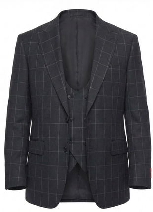 Mazara Mens Black With Gray Windowpane Classic Fit Peak Lapel 3-Piece Wool Suit