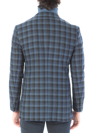 Sartoria Mazara Mens Slim Fit Black & Blue Check 100% Wool Blazer Sportcoat