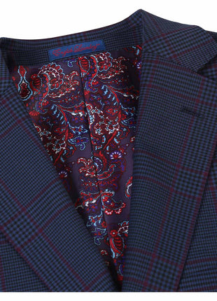 English Laundry Blue & Burgundy Houndstooth Plaid Slim Fit Notch Lapel Two button Stretch Suit