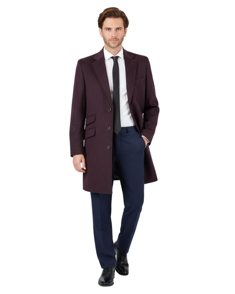 Men's Burgundy Wool Overcoat - Arthur Black Cashmere Blend - Single Breasted - 3/4 Length Car Coat - Stylish and Warm - Warm Winter Staple