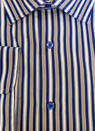 Proper Shirtings Stripe French Blue and Brown Contemporary Fit Cotton Spread Collar Wrinkle Free Dress Shirt