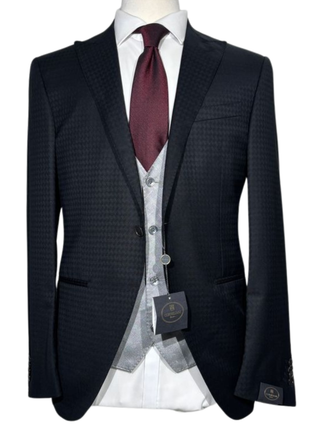 Corneliani Mens Black and Silver Mixed Pattern Fully-Canvassed Peak Lapel Classic Fit 3-Piece Wool Blend Suit - 40R