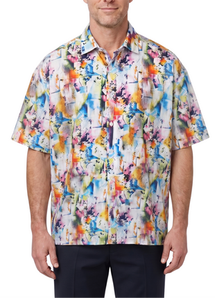 Lavane Mens Multi-Color Abstract Print Spread Collar Short Sleeve Button-Up Shirt