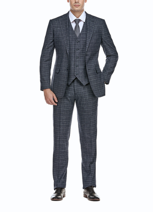 English Laundry Windowpane Blue Denim Style Slim Fit Notch Lapel Stretch 3-Piece Suit