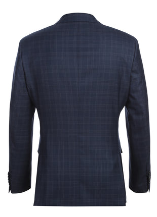English Laundry Mens Navy Windowpane Plaid Slim Fit Notch Lapel 2 Button Wool Suit