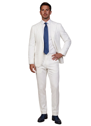 Mazara Mens Solid White Slim Fit Peak Lapels Wool 2-Button Suit