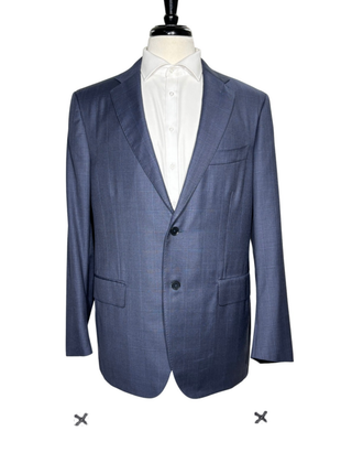 Isaia Mens Blue Windowpane Fully-Canvassed Notch Lapel Classic Fit 2-Button Wool Suit - 44L