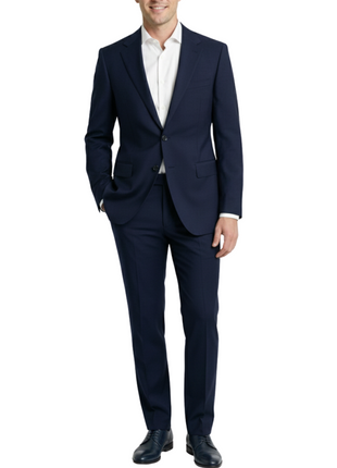 Centrion Mens Solid Navy Blue Fine Textured Weave Slim Fit Notch Lapels 2 Button Wool Suit