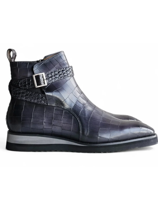 Carrucci Vesper Gray Croc Embossed Leather Cross Strap Wedge Boots