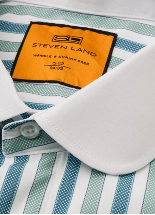 Steven Land Green & Teal Striped Club Collar French Cuff 100% Cotton Wrinkle & Shrink Free Dress Shirt