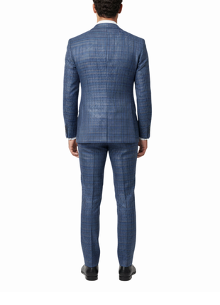 Berragamo Elegant Mens Blue With Brown Check Slim Fit Wool 2-Button Suit