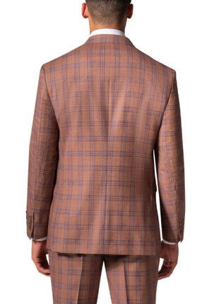 Berragamo Elegant Mens Orange with Blue Windowpane Modern Fit 2 Button Wool Suit