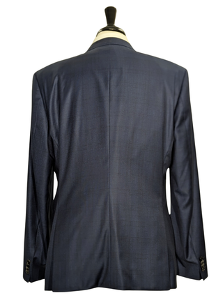 Hugo Boss Super 120s Navy Blue Plaid Windowpane Slim Fit Notch Lapels Wool 2-Button Suit - 44R