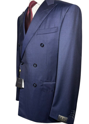 Corneliani Mens Solid Navy Blue Fully-Canvassed Peak Lapels Slim Fit Double Breasted Wool Suit - 42R - The Suit Depot