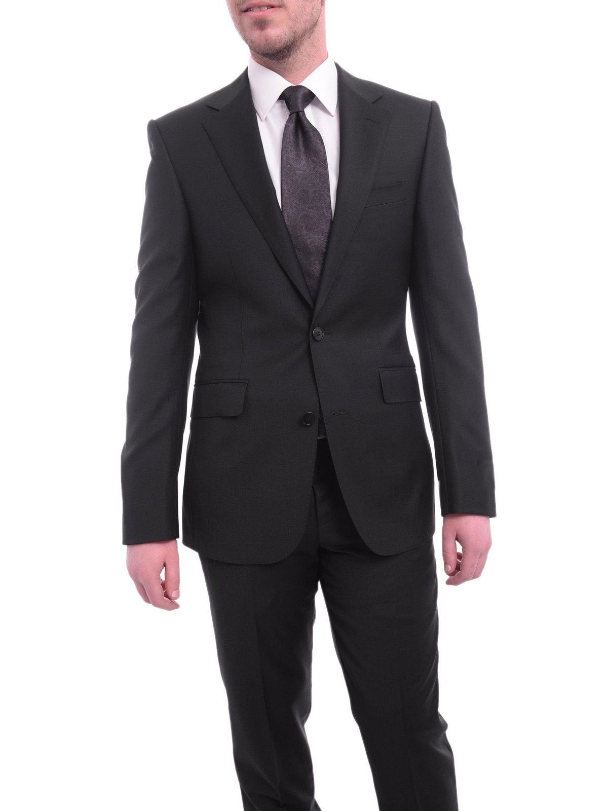 Napoli Slim Fit Solid Black Half Canvassed Wool Cashmere Blend Suit