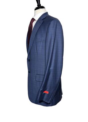 Isaia Mens Blue Windowpane Notch Lapel Classic Fit 2-Button Wool Suit - 44L