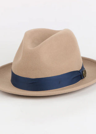 Steven Land Mens Camel Brown & Navy The Bowery Fedora Felt Hat