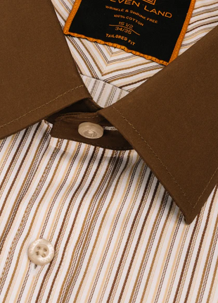 Steven Land Mens Brown Striped 100% Cotton French Cuff Spread Collar Dress Shirt