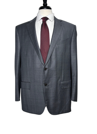 Ermenegildo Zegna Mens Gray Windowpane Fully-Canvassed Notch Lapel Classic Fit 2-Button Wool Suit - 44R