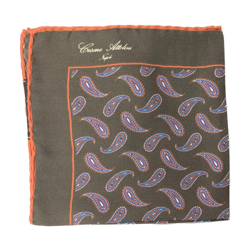Cesare Attolini Green Red Blue Paisley Pocket Square Handmade In Italy