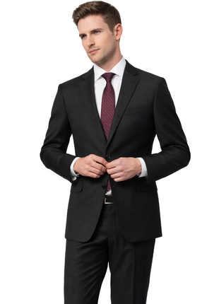 Men's Euro Slim Fit Solid Black Two Button 2 Piece 100% Wool Suit - The Suit Depot