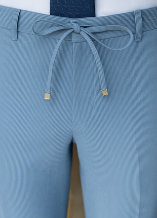 Pierre Carlos Pinstriped Light Blue Slim Fit Stretch Linen Suit with Drawstring Waist