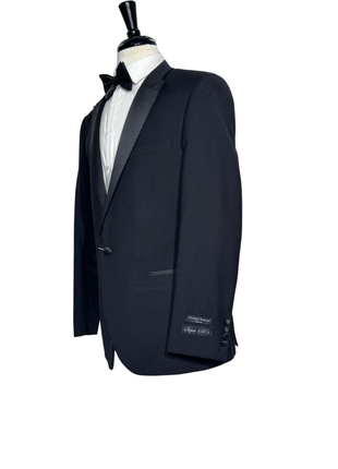 Giovanni Bresciani Mens Solid Black Satin Peak Lapel Slim Fit 1-Button Wool Tuxedo - 42R