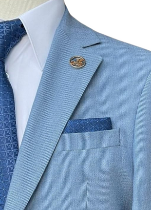 Pierre Carlos Pinstriped Light Blue Slim Fit Stretch Linen Suit with Drawstring Waist