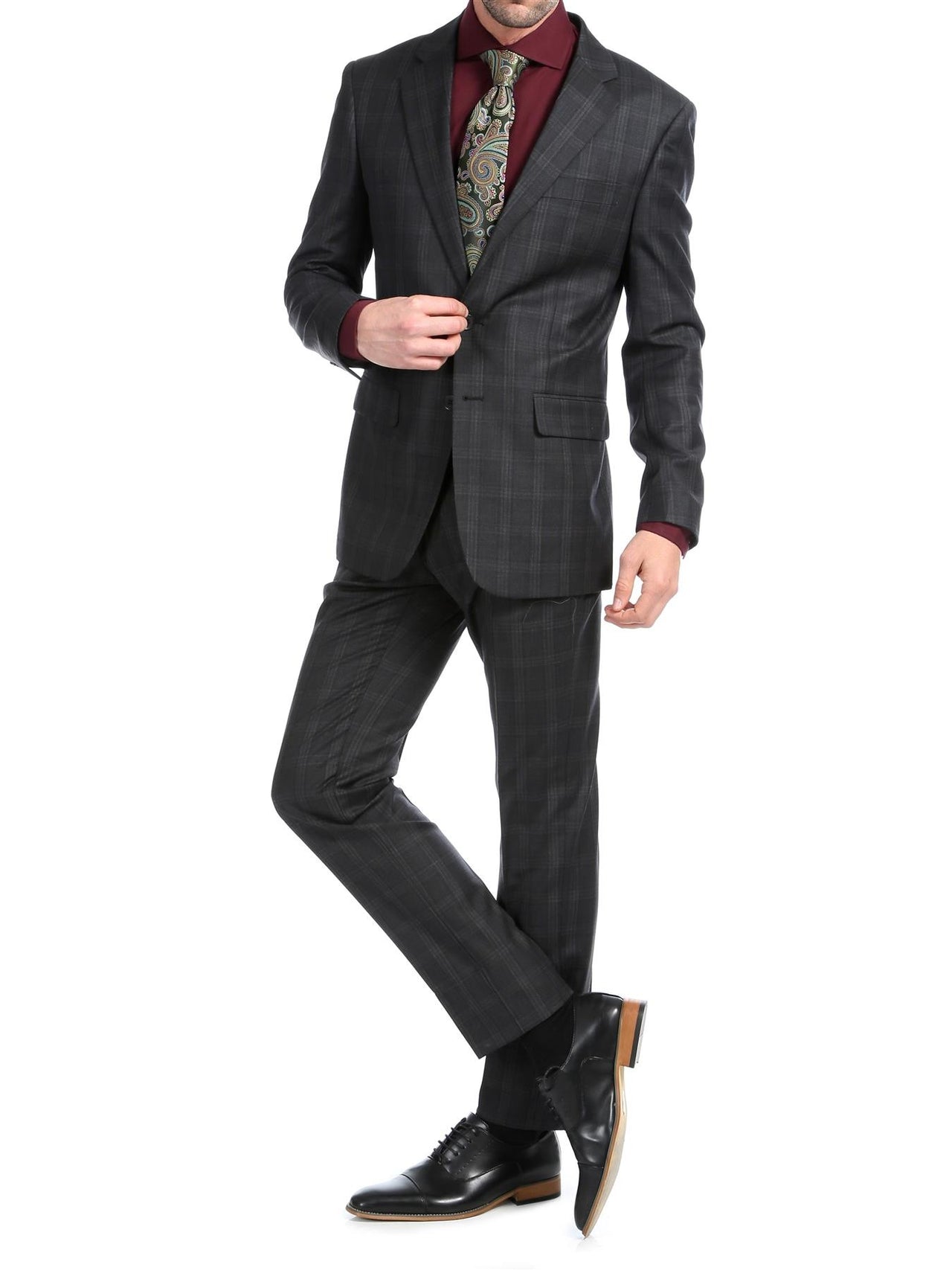 Ferrecci Mens Black Plaid Classic Fit Wool Blend 2 Piece Suit